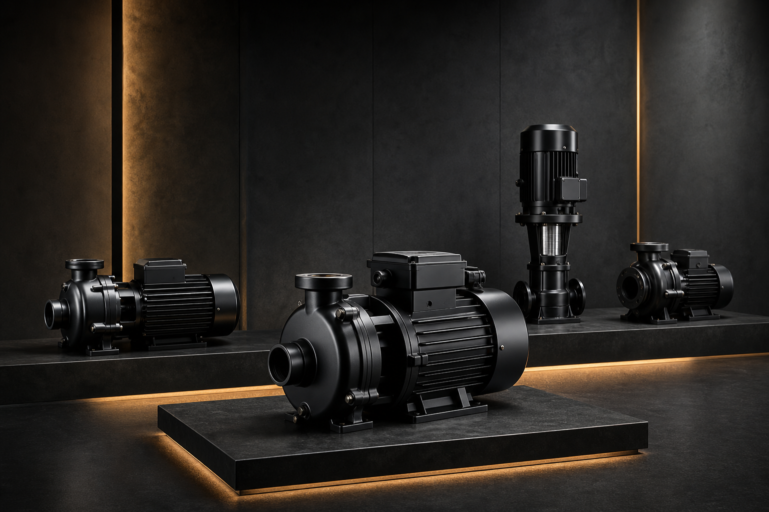 Product showroom with dramatic spotlighting in a dark space