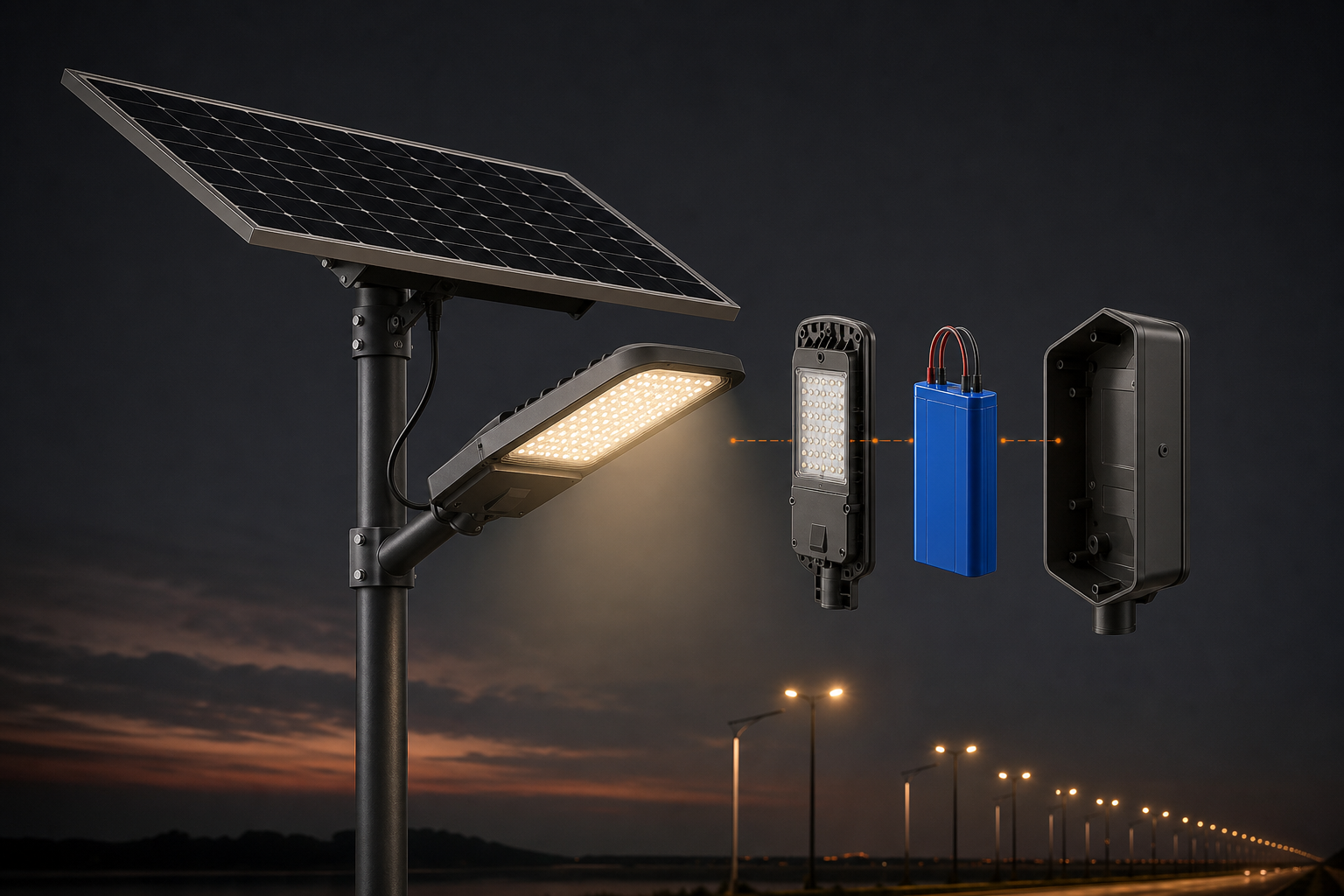 Solar street light diagram with panel and battery against a dark dusk sky
