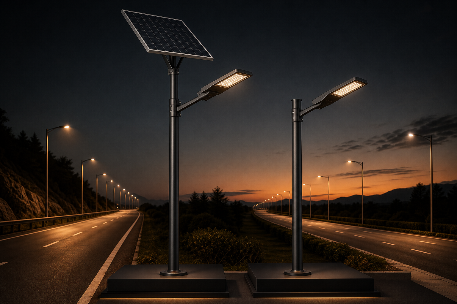 Solar street light and conventional LED street light on two roads at dusk