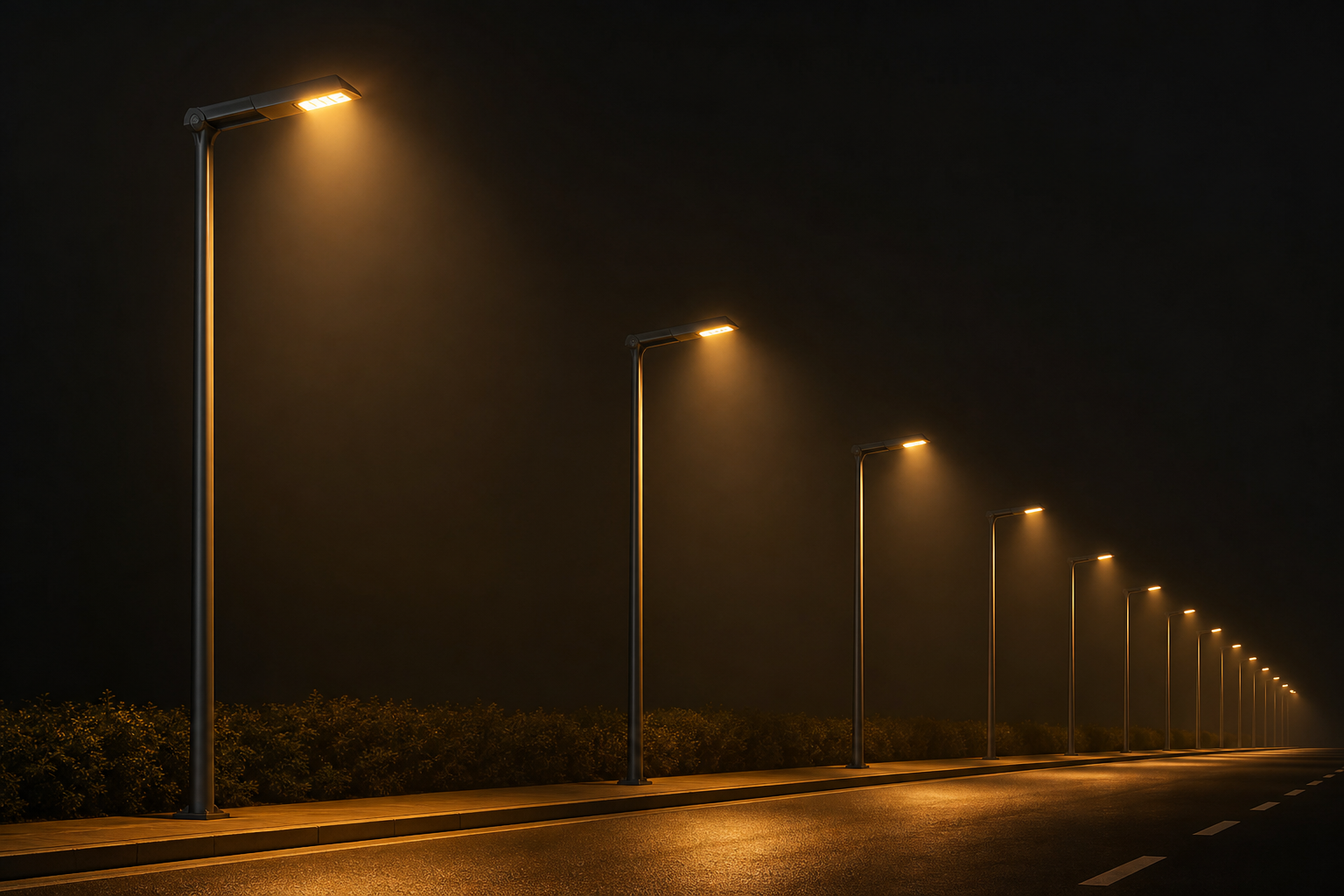 Row of street lights along a dark road at night with amber pools of light