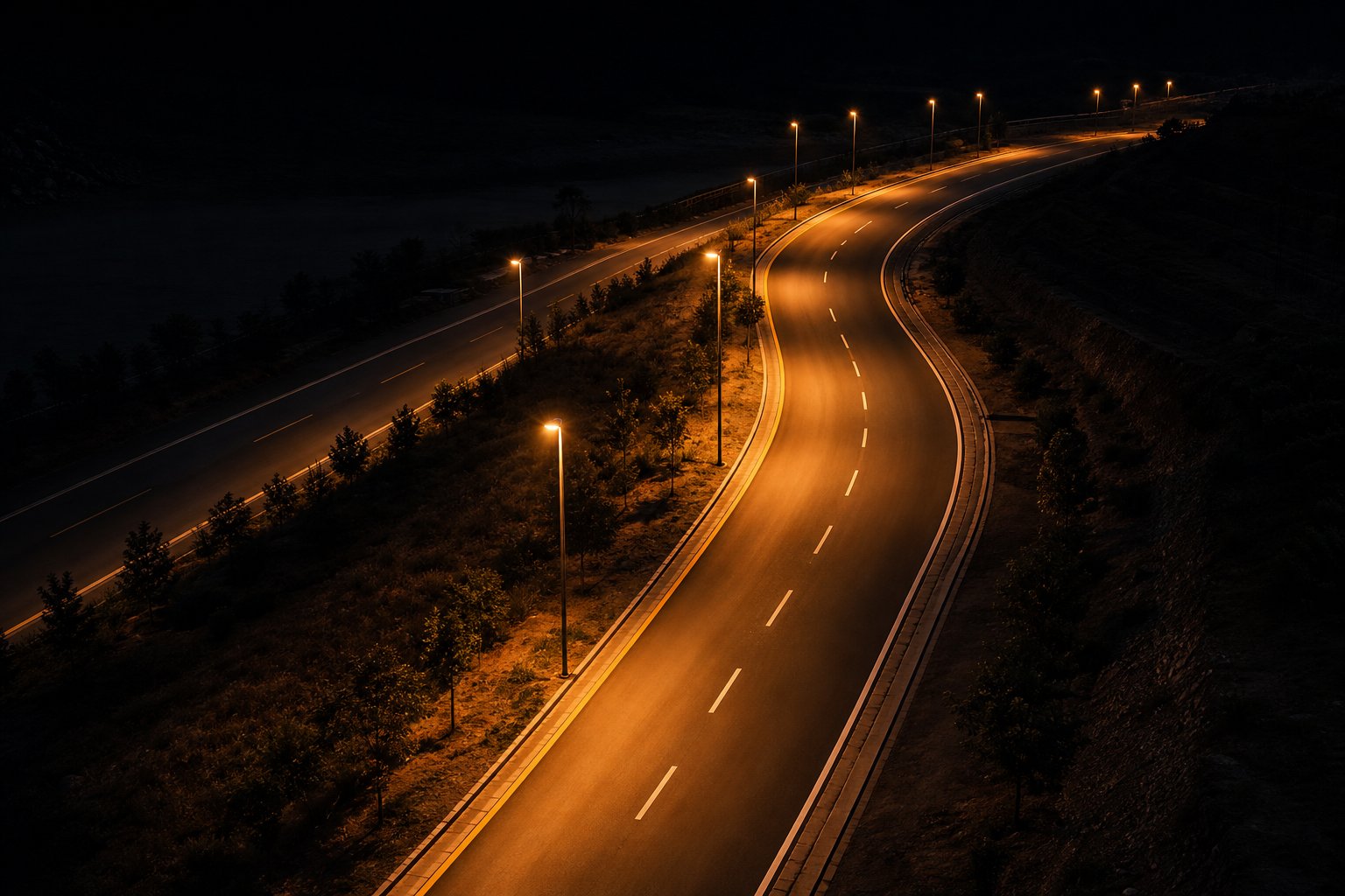 Aerial view of a road lit by street lighting at night