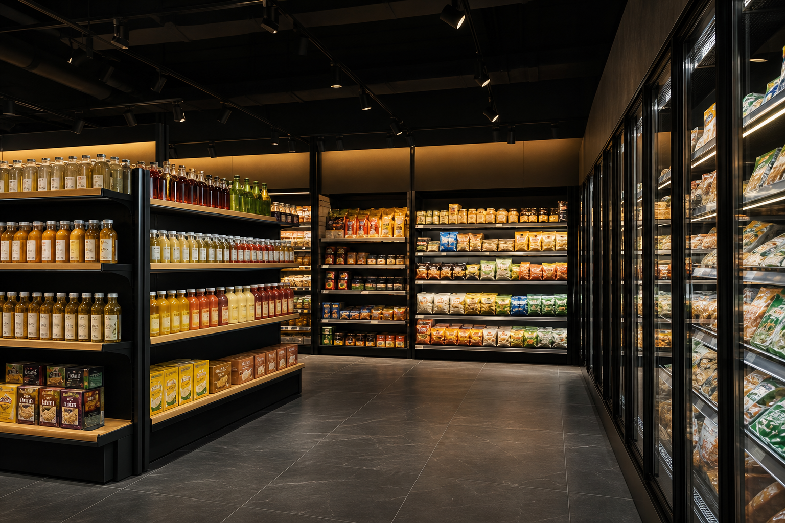 Modern supermarket aisles with bright even LED lighting
