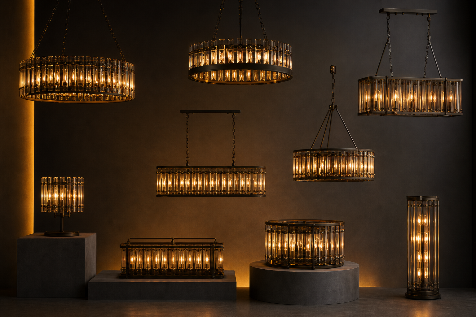 Elegant chandelier collection in a dark showroom under amber spotlights