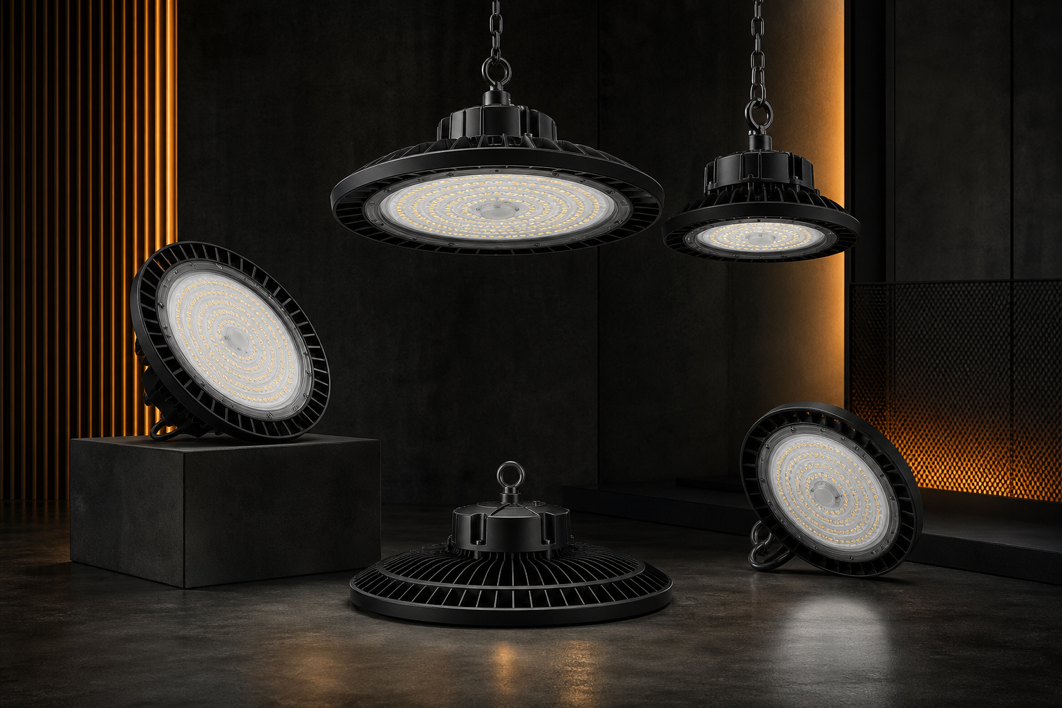 UFO high bay lights arrayed in a dark industrial showroom