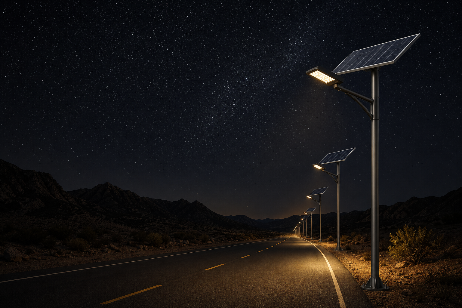 Solar street lights along a dark road under a starry sky