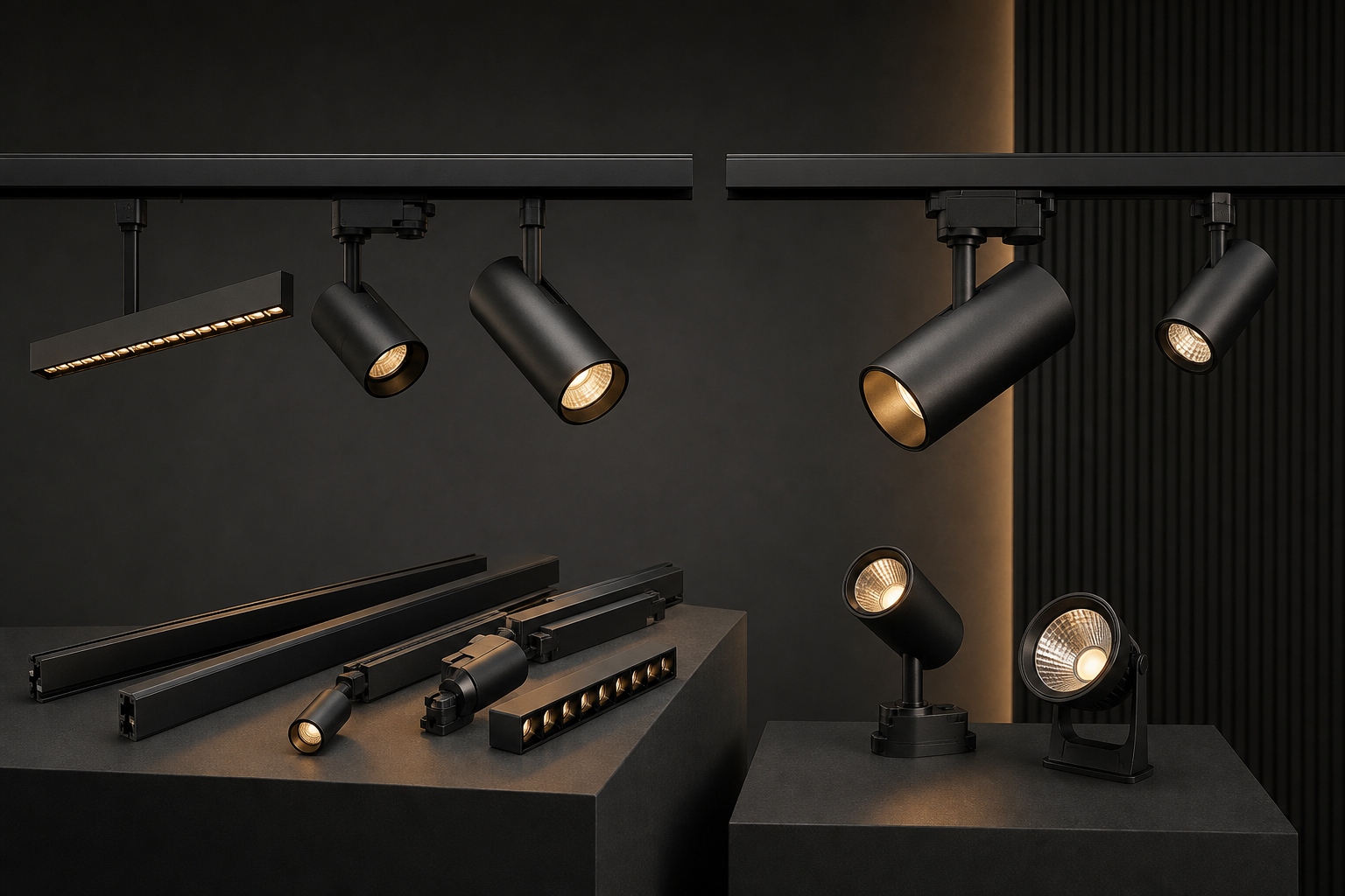 Traditional mains track lighting and slim magnetic track system installed in a dark showroom ceiling