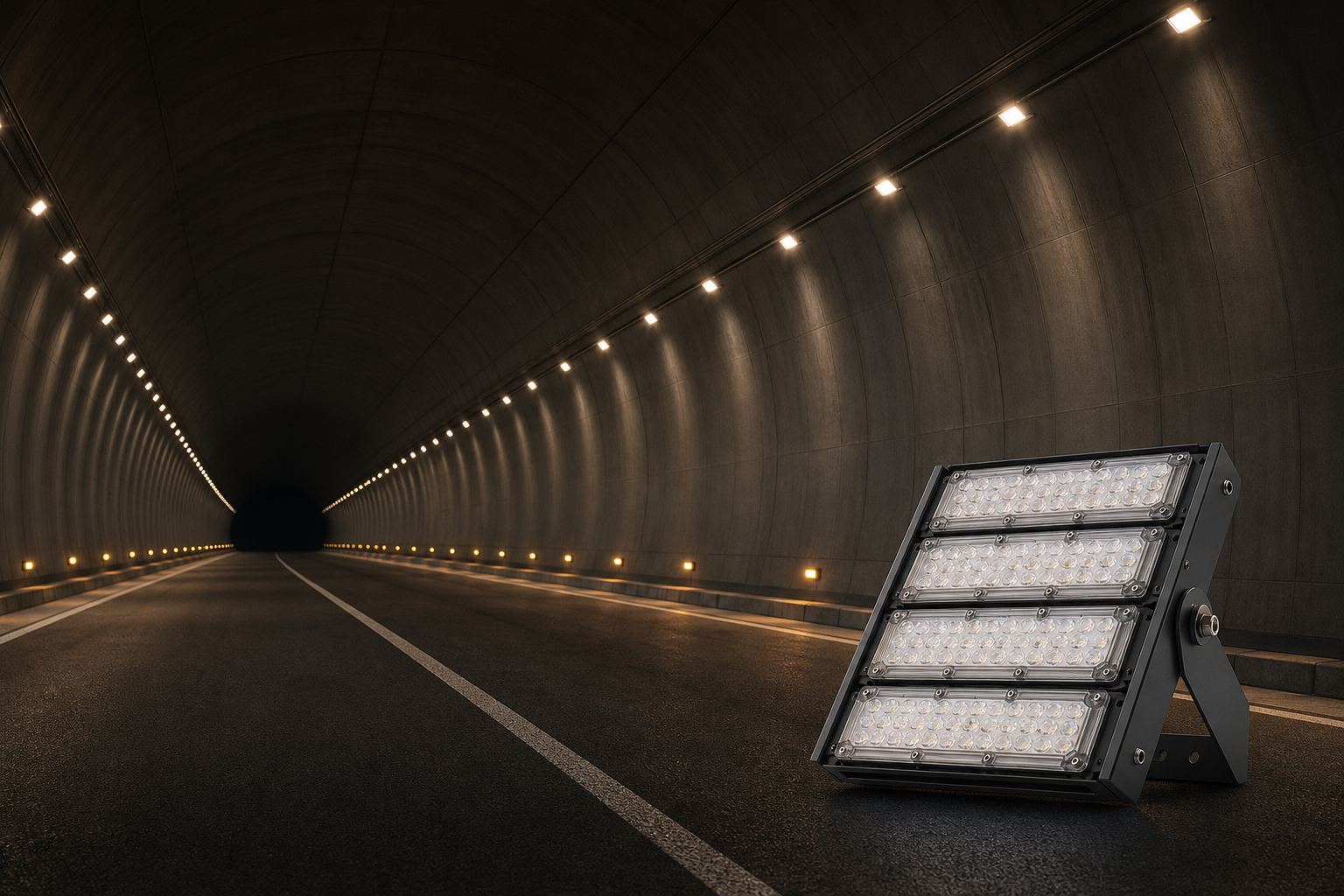 Road tunnel with rows of LED lights in perspective