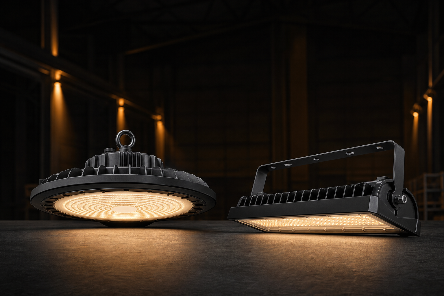 Round UFO high bay fixture and rectangular linear high bay fixture side by side in a dark warehouse