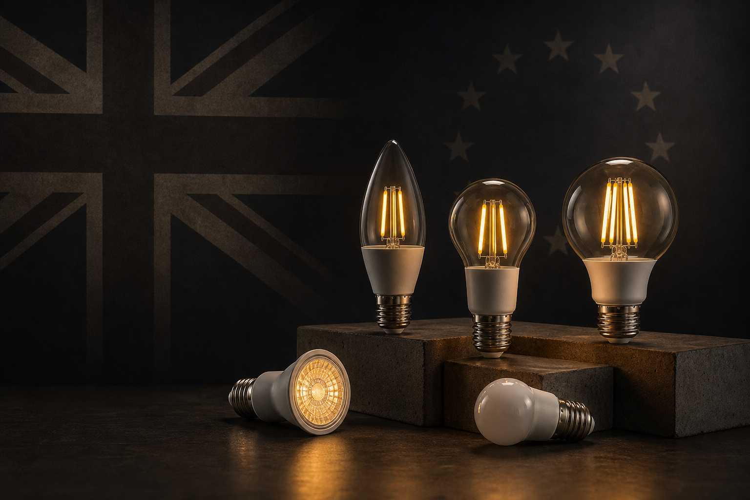 UK and EU flags muted behind LED light bulbs on a dark professional background