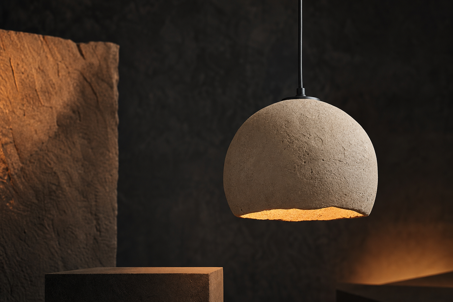 Wabi-sabi pendant lamp with imperfect earth texture glowing warm