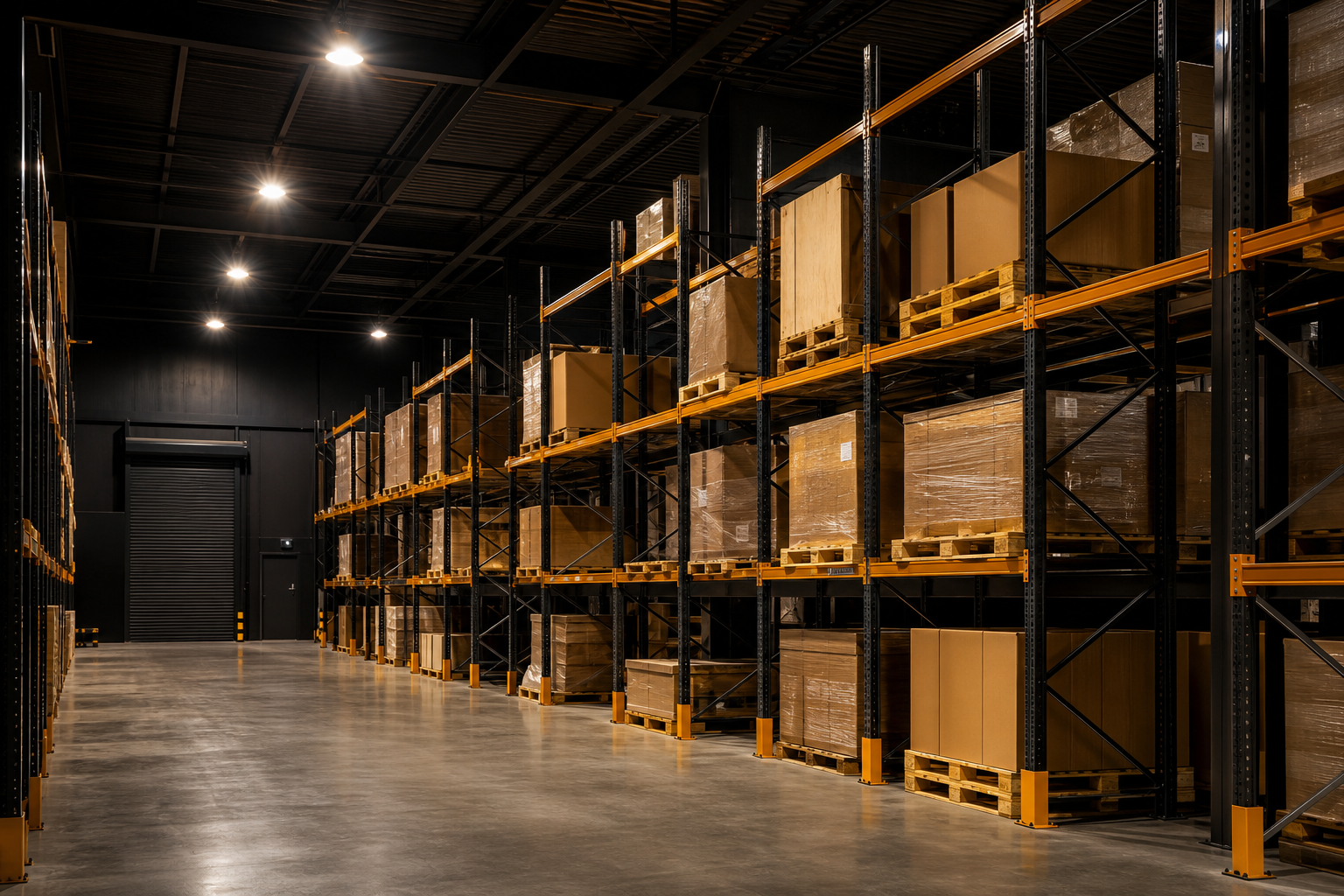 Tall warehouse racks lit by rows of LED high bay lighting