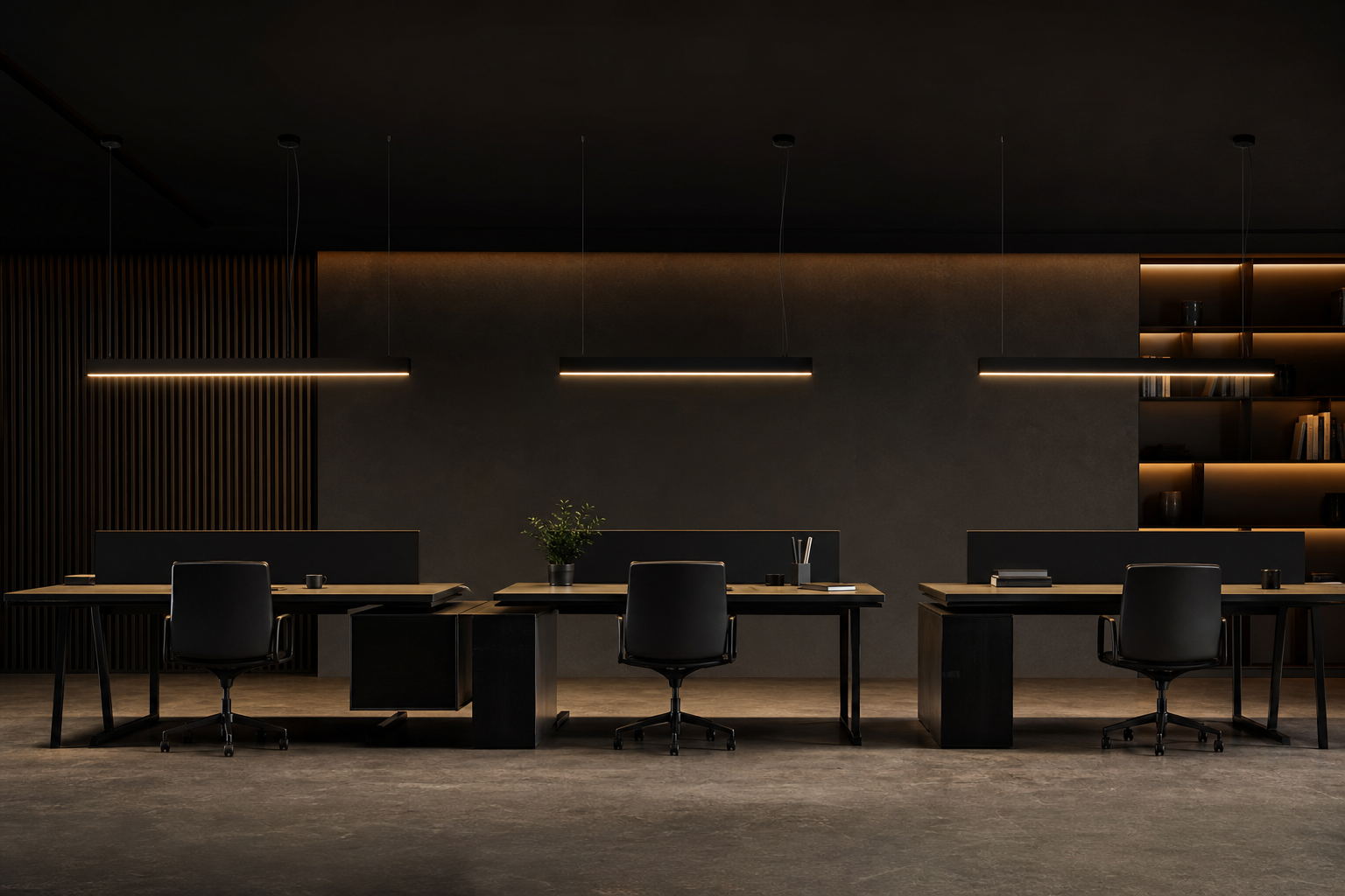 Linear pendant lights over dark modern office desks
