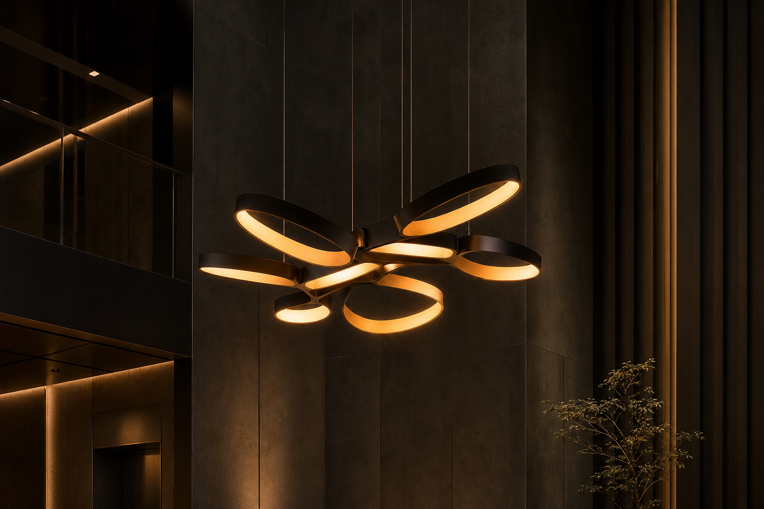 Modern sculptural chandelier with warm amber light in a dark lobby
