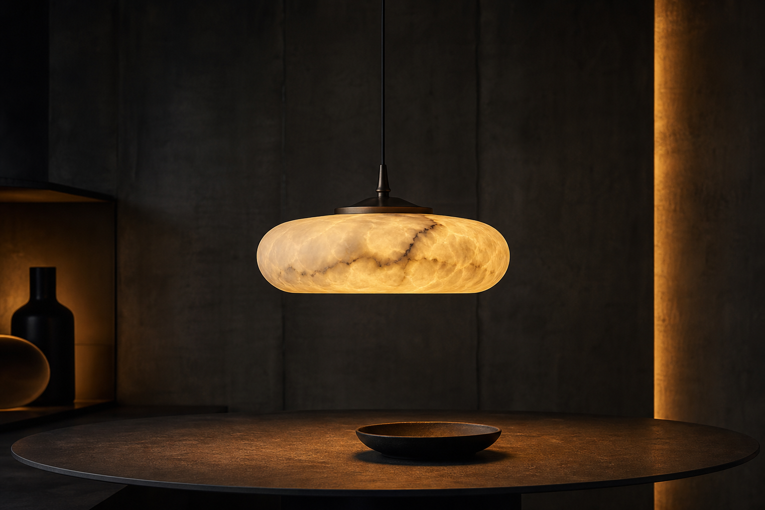 Alabaster pendant lamp glowing warm amber in a dark interior