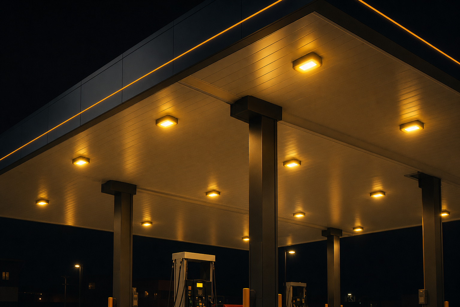 LED canopy light under a petrol station canopy at night with amber glow