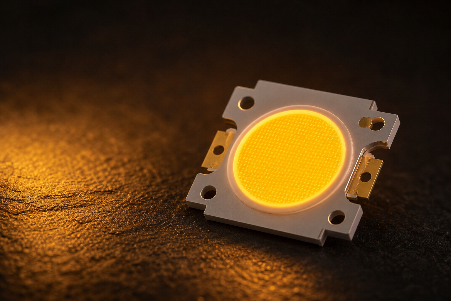 Macro shot of a COB LED chip glowing warm amber on a dark surface