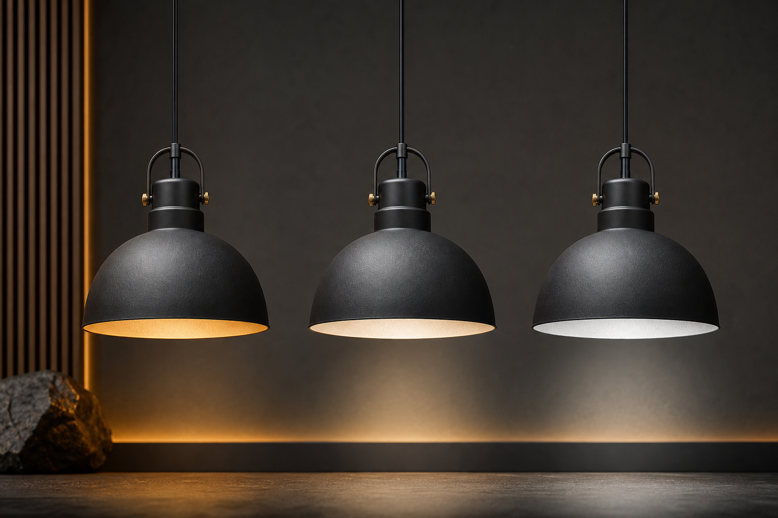 Three identical pendant lamps glowing at different color temperatures
