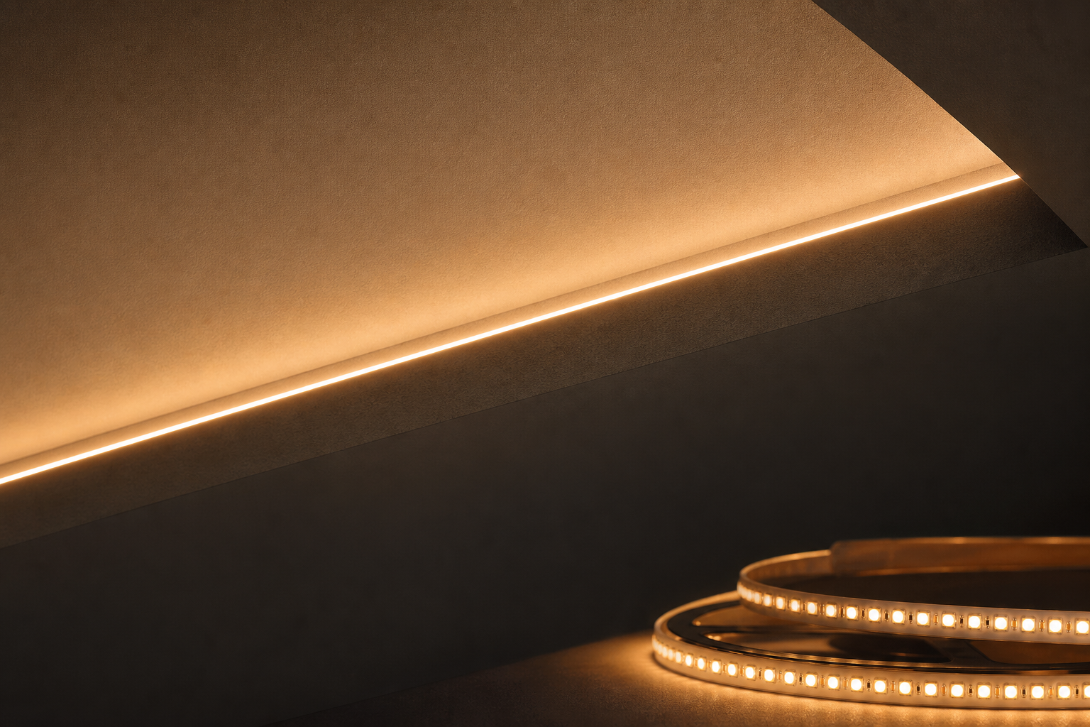 LED cove lighting strip in a dark ceiling recess with warm indirect glow