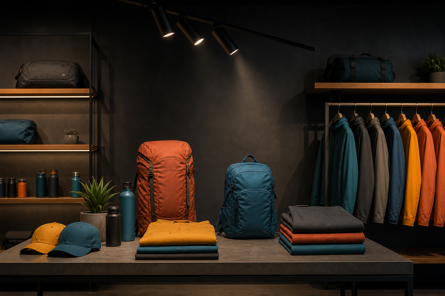 High CRI spotlight illuminating colorful retail merchandise in a dark store