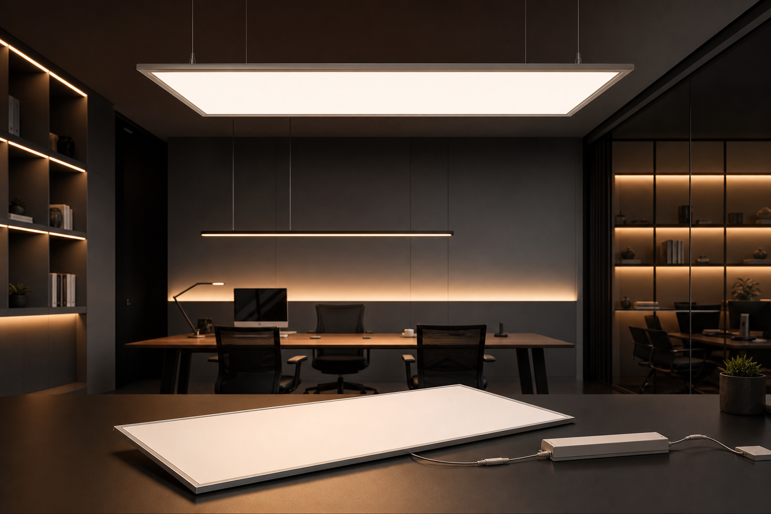 Commercial dimmable LED panel light system in a dark modern office