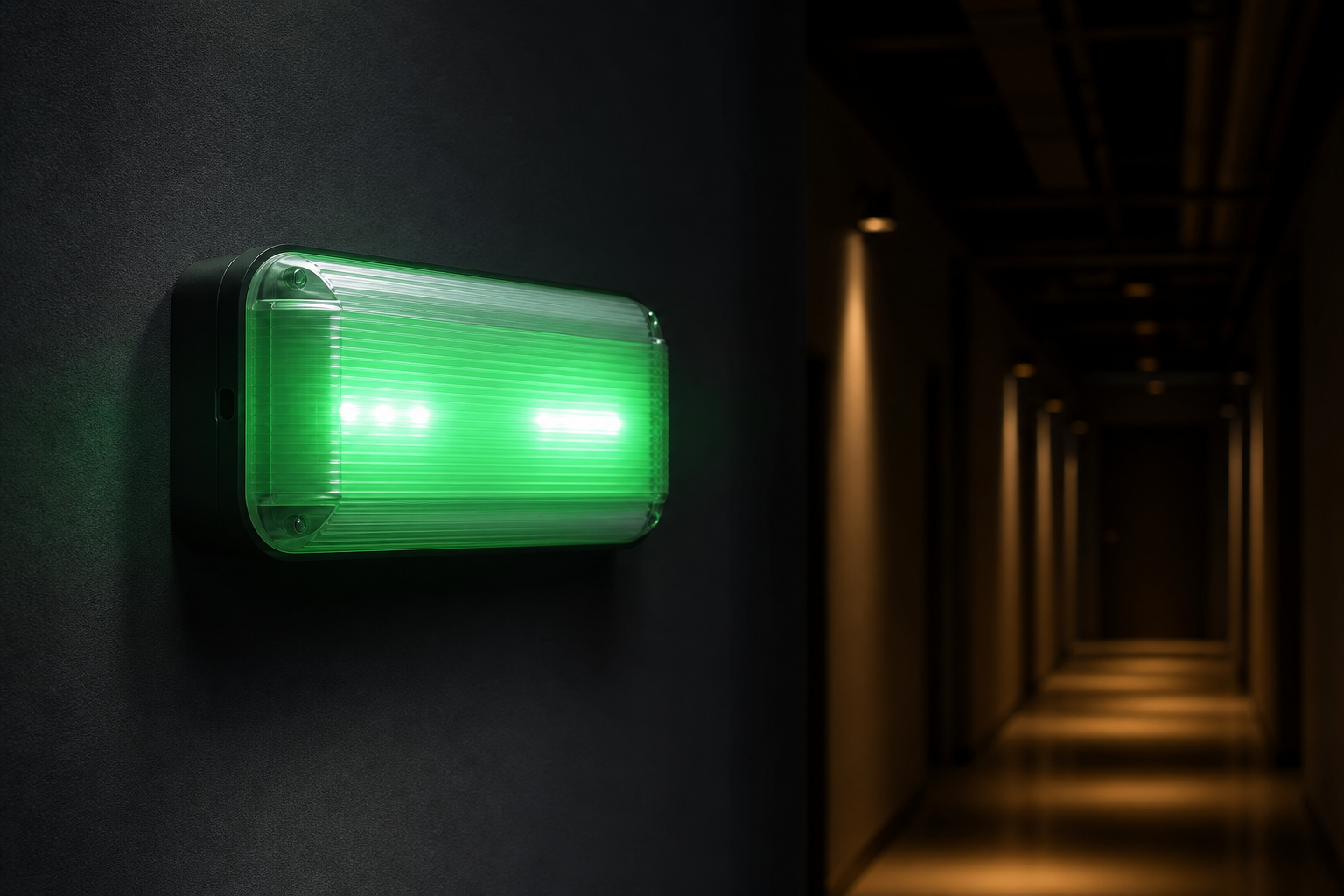 Emergency LED bulkhead light glowing green in a dark corridor