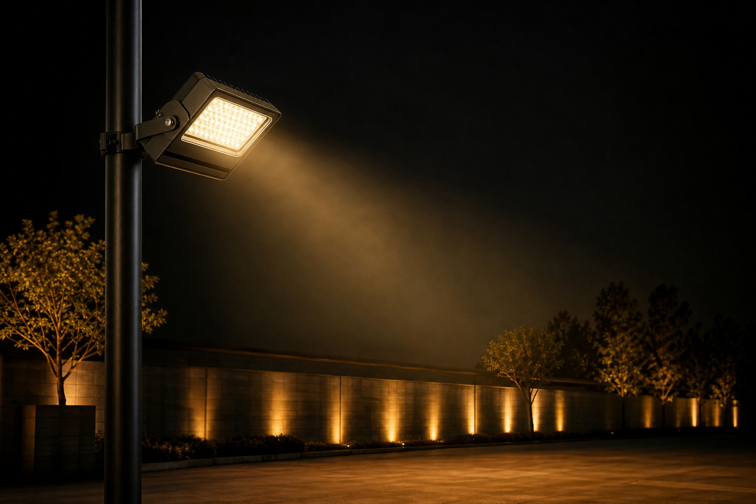 LED flood light mounted on a pole illuminating a dark outdoor area