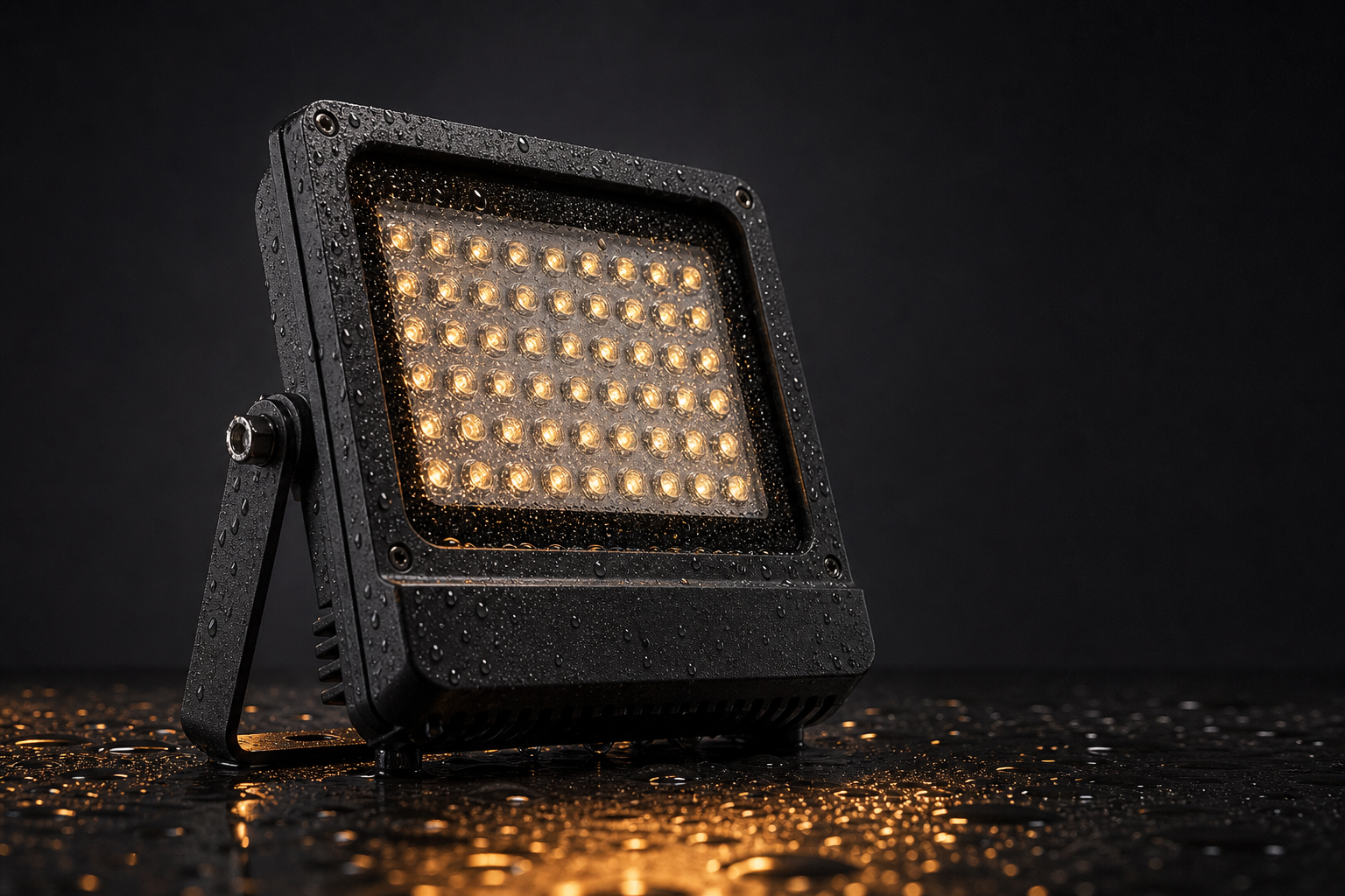 Waterproof LED flood light with water droplets on a dark background