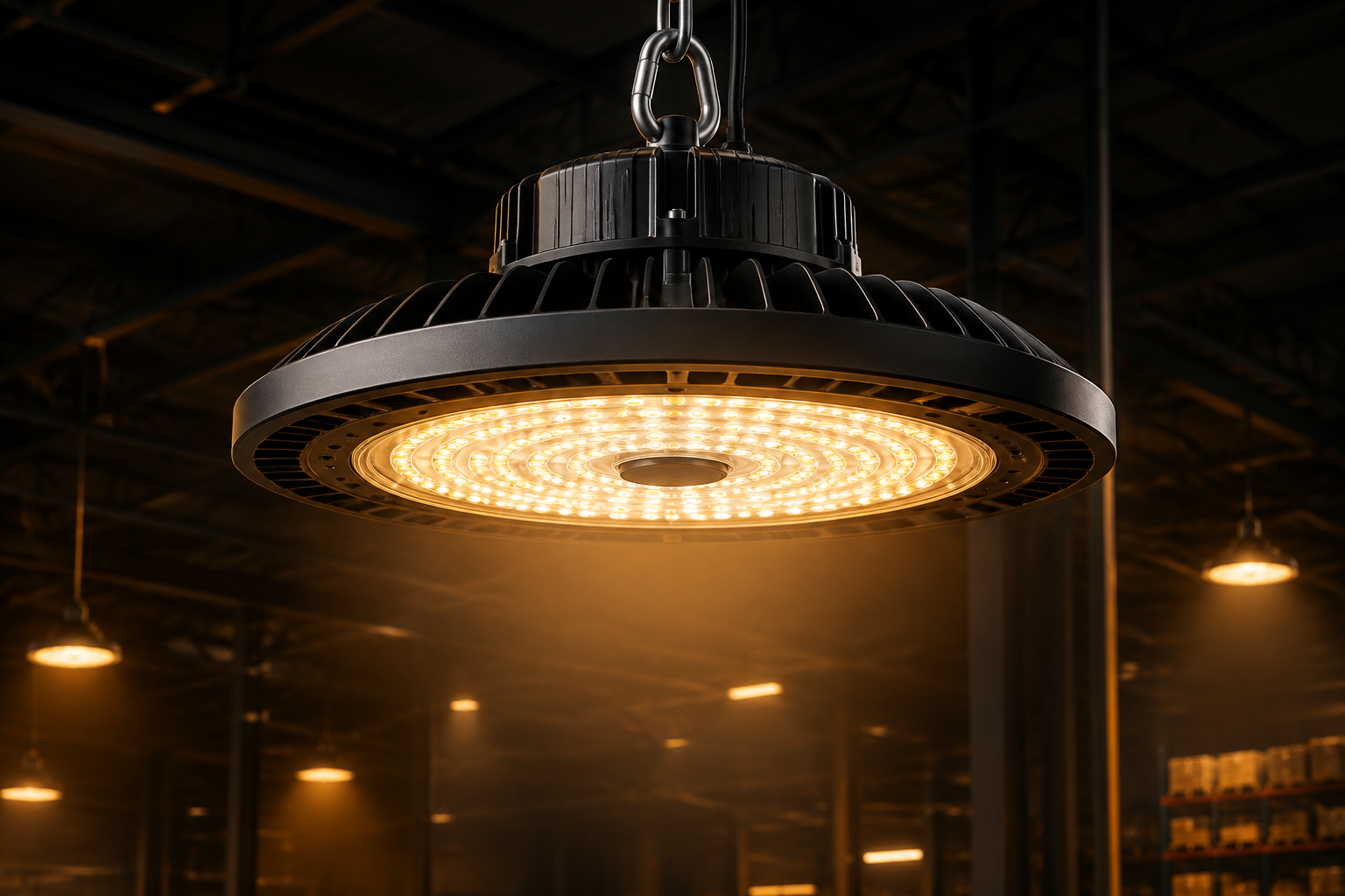 UFO LED high bay light fixture hanging in a dark warehouse