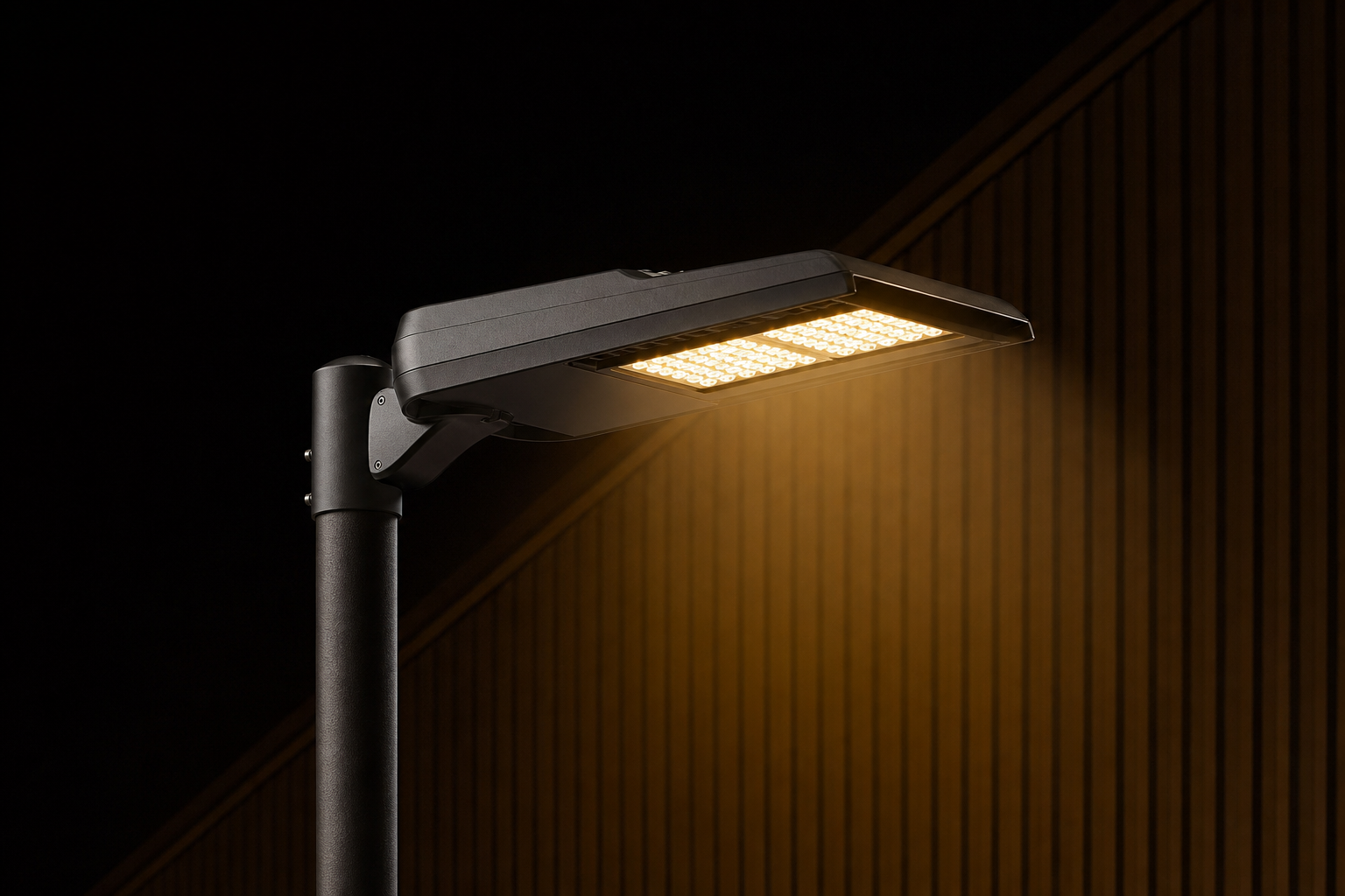 Shielded outdoor street light with a controlled downward beam against a dark night sky