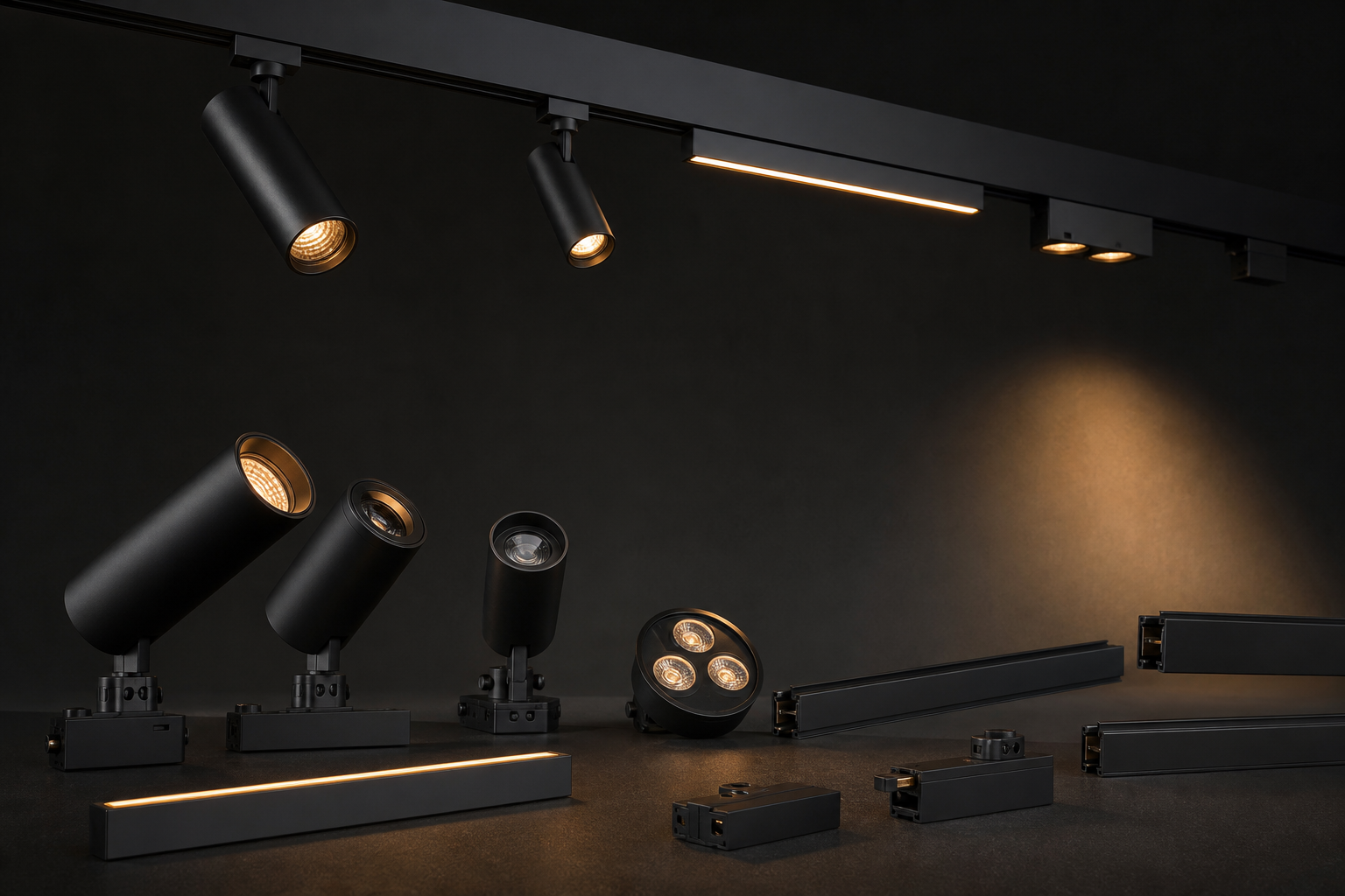 48V magnetic track light system with modular spotlights in a dark interior
