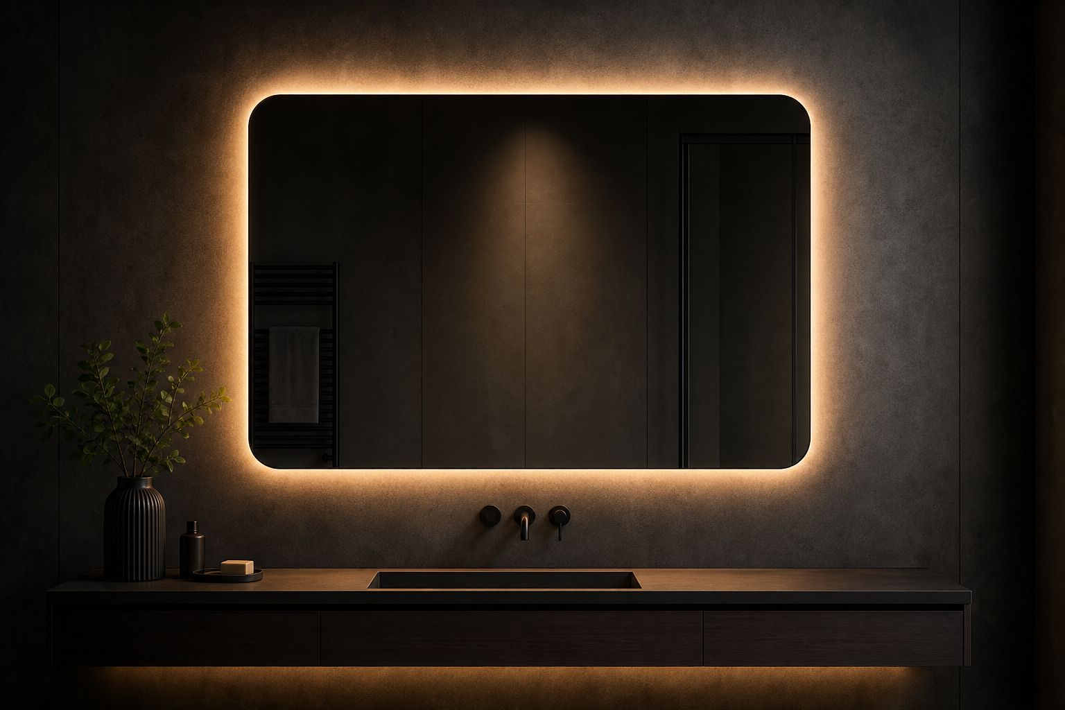 Backlit LED bathroom mirror light in a dark elegant bathroom