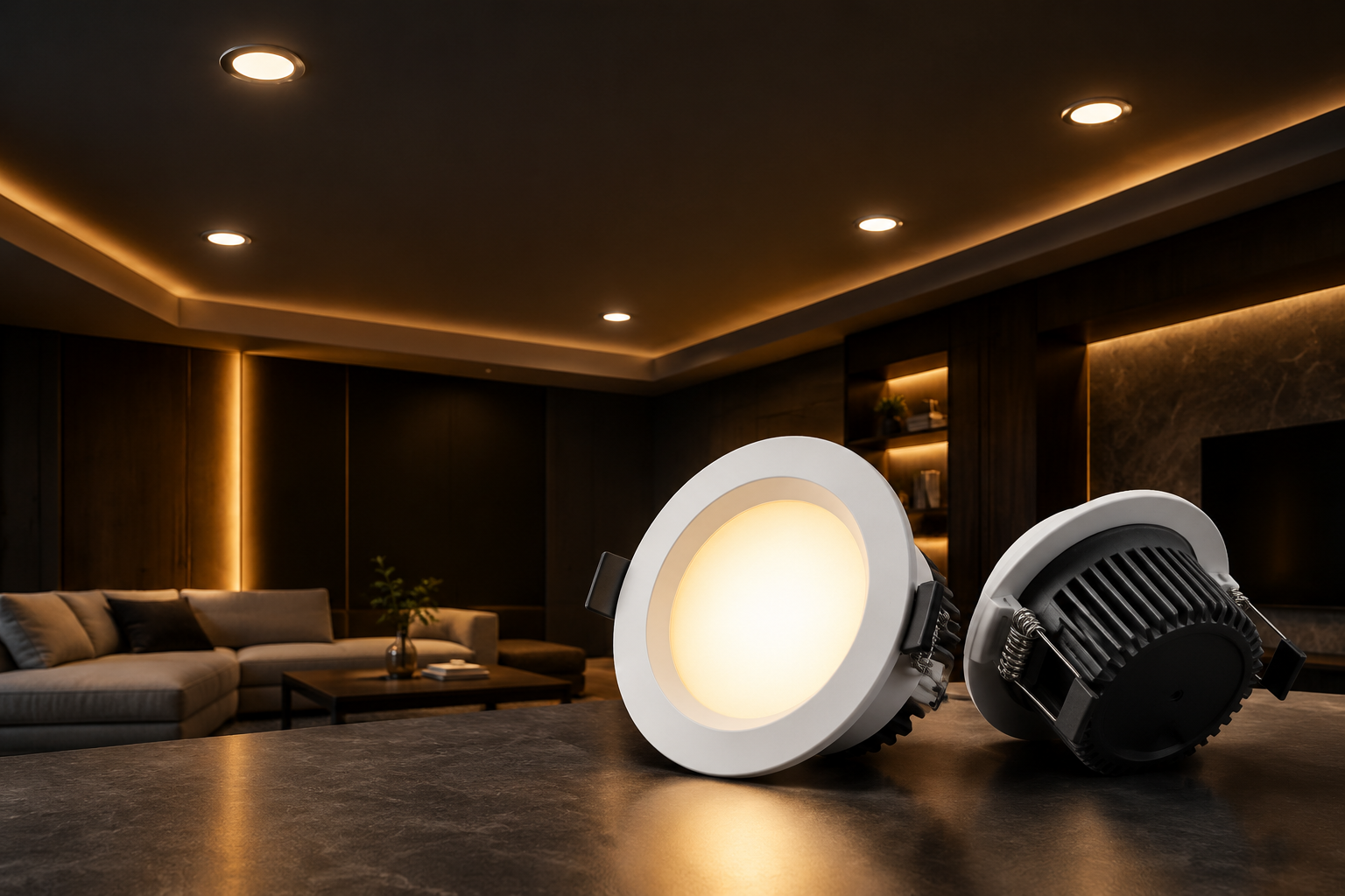 Smart LED downlights glowing in a dark smart home ceiling