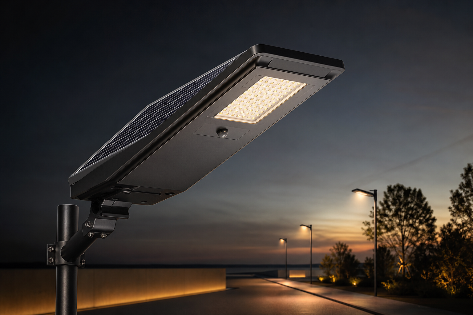 All-in-one solar street light with integrated solar panel on a road at dusk