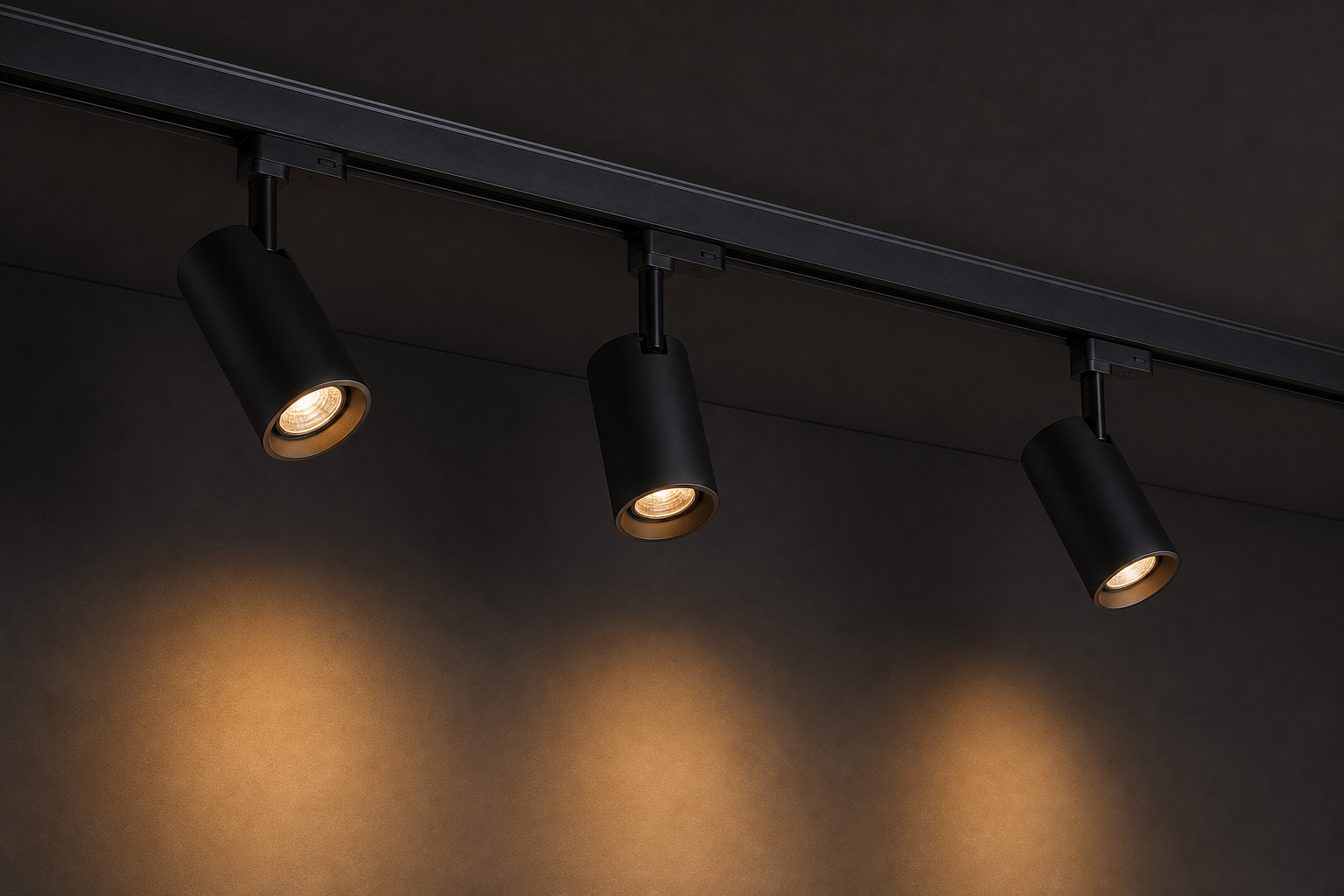 Black track lighting system with adjustable spotlights on a dark ceiling