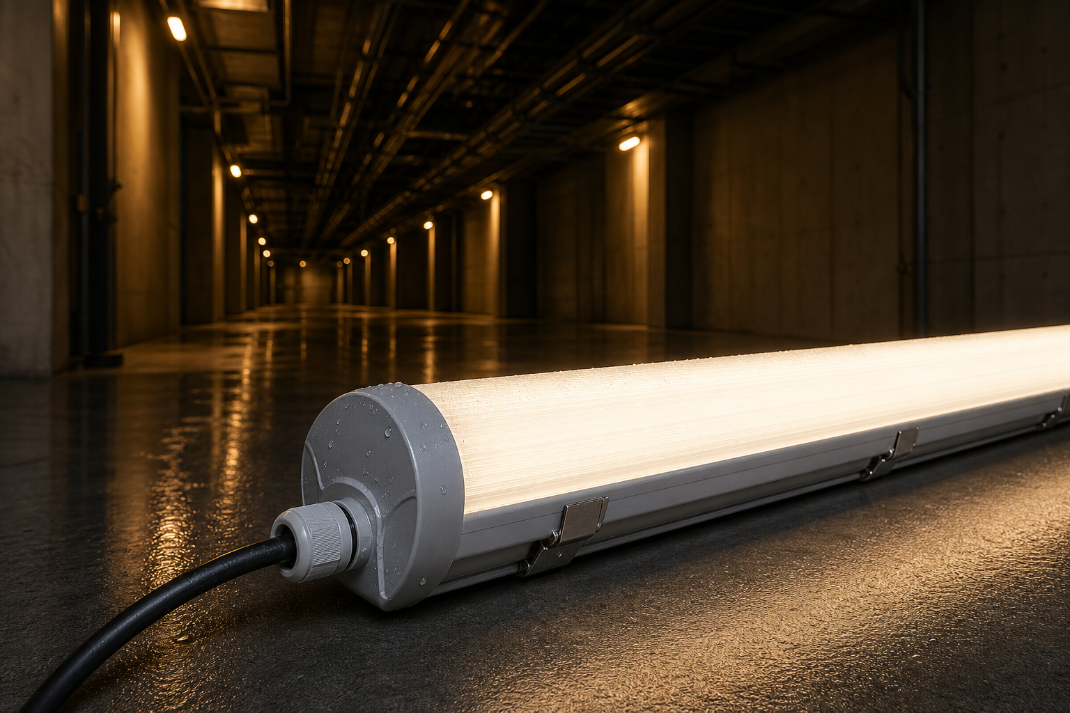 IP65 tri-proof LED batten light in an industrial corridor