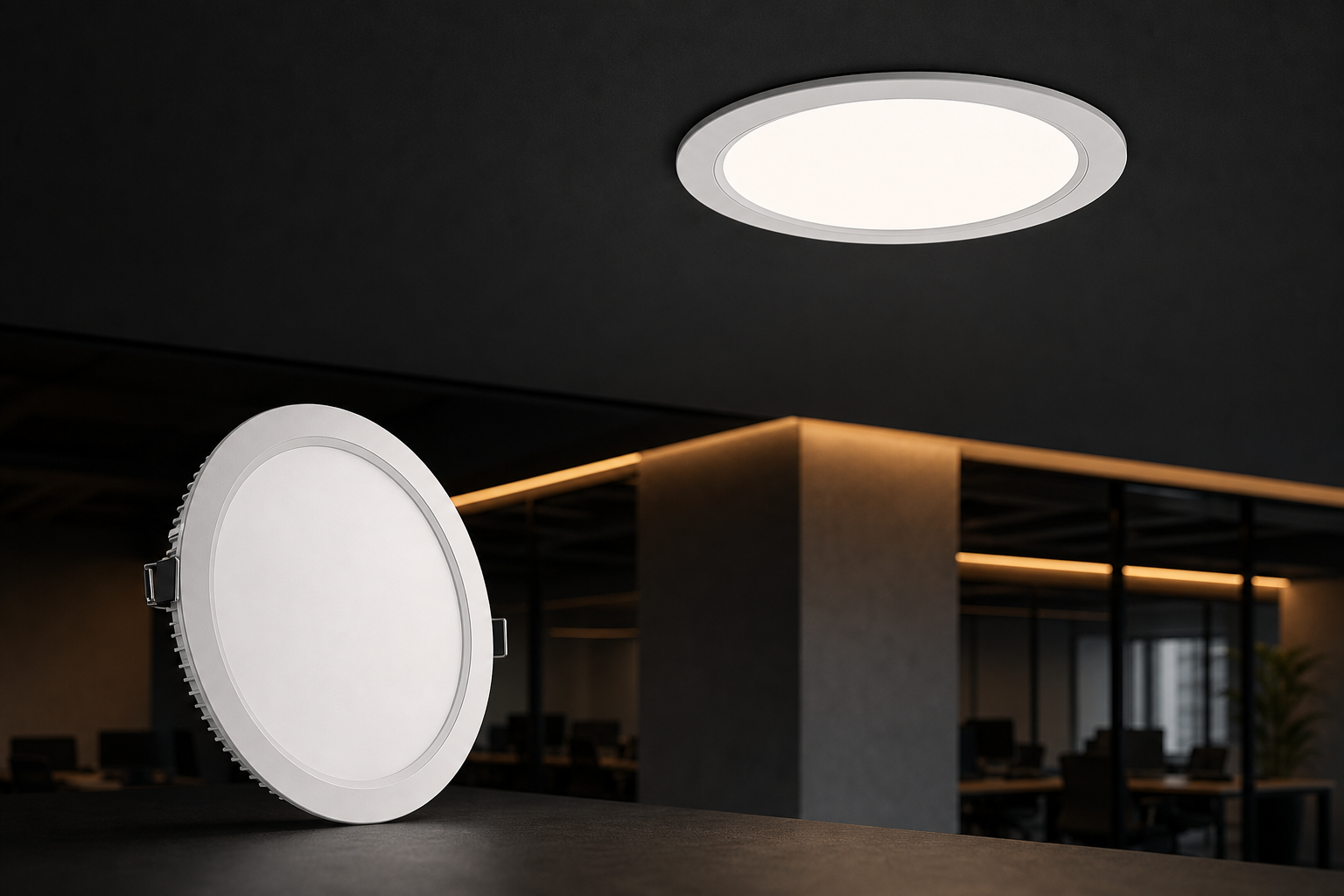 Anti-glare LED downlight panel in a dark office ceiling
