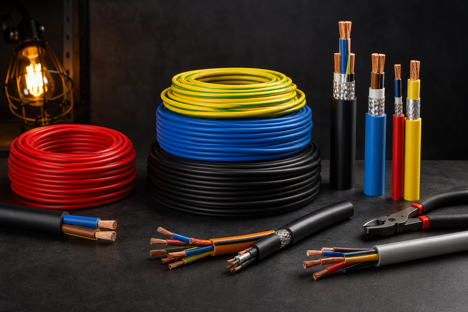 Colorful electrical cables neatly arranged on a dark workbench