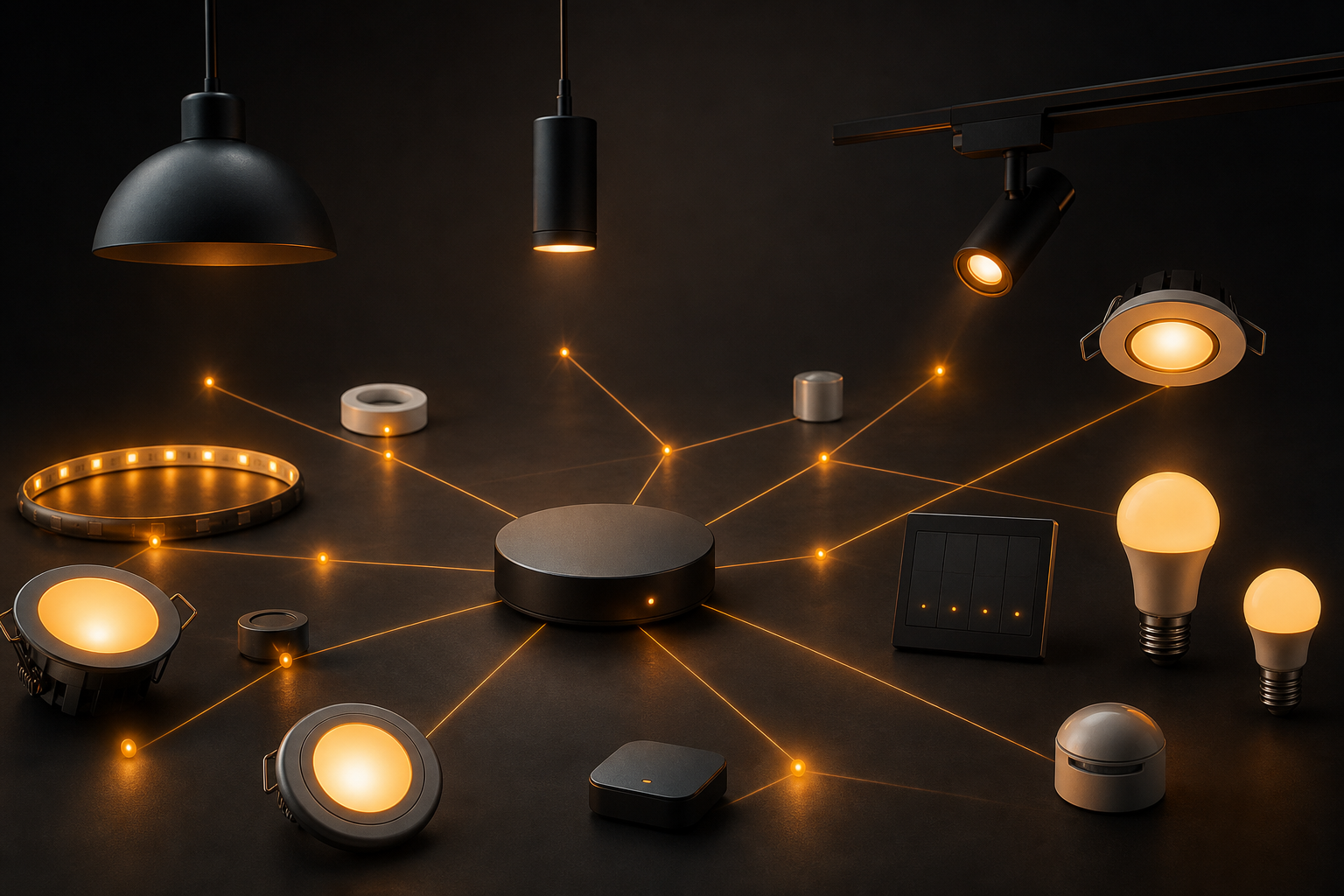 Wireless smart lighting network visualization with amber nodes across a dark room