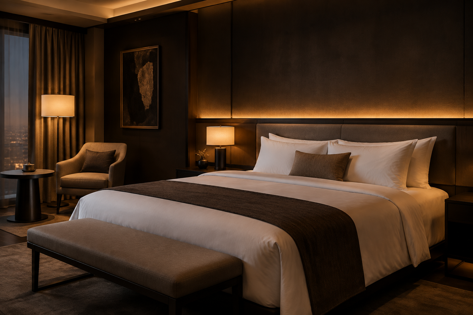 Hotel guestroom at dusk with warm reading light beside an armchair and a low bedside lamp