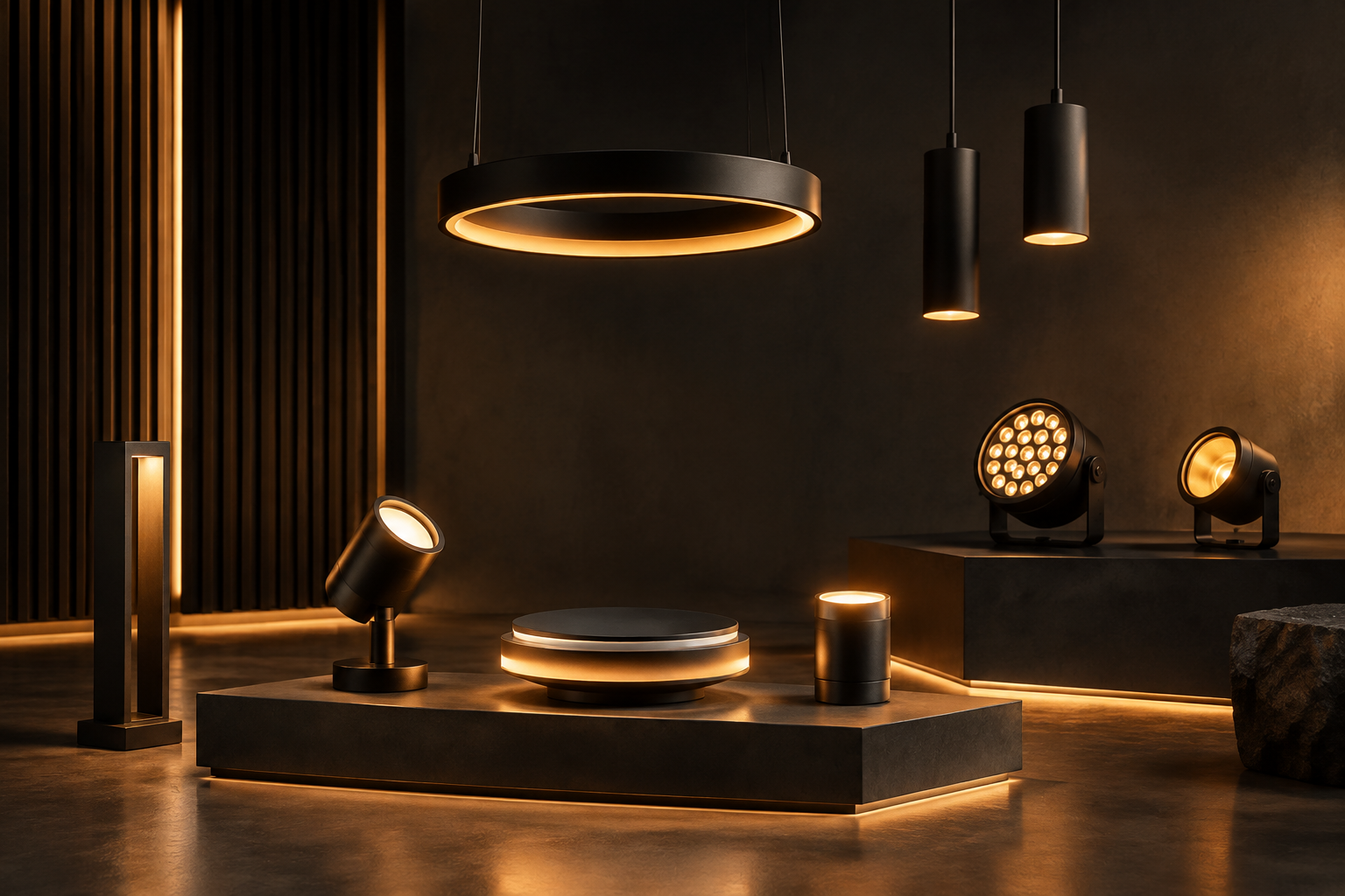 Collection of modern luminaires displayed in a dark interior, from pendants to floor-standing fixtures