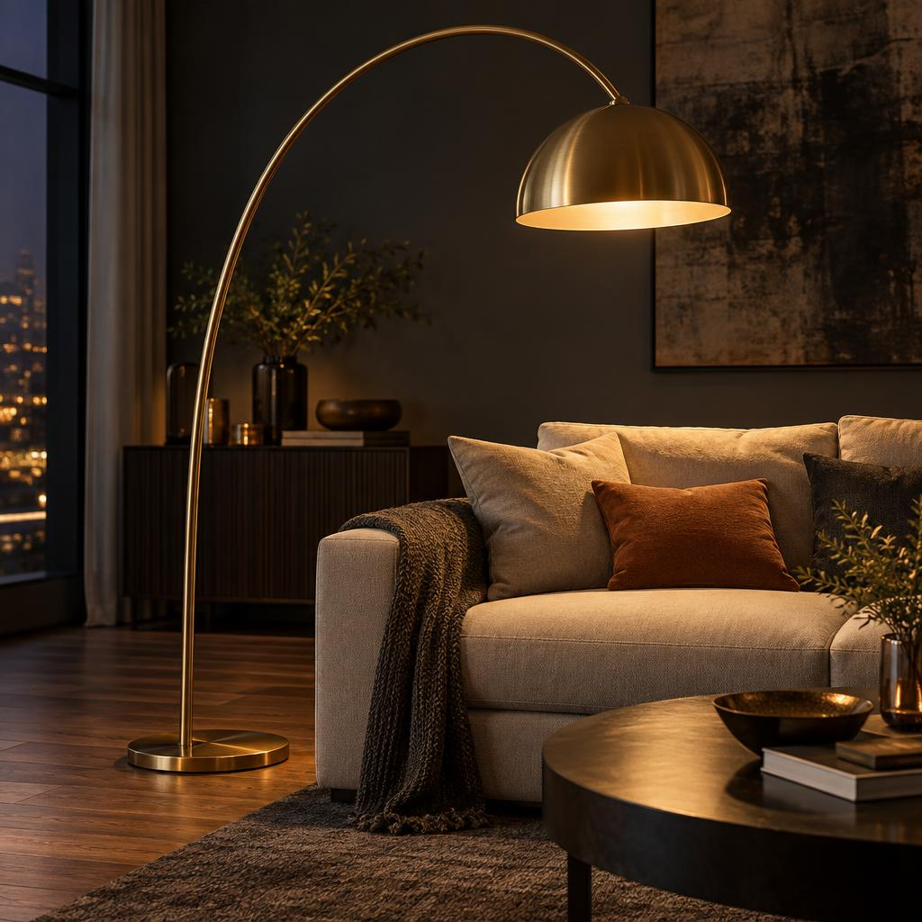 Brass arc floor lamp with dome shade arching over a sofa — AURELUX