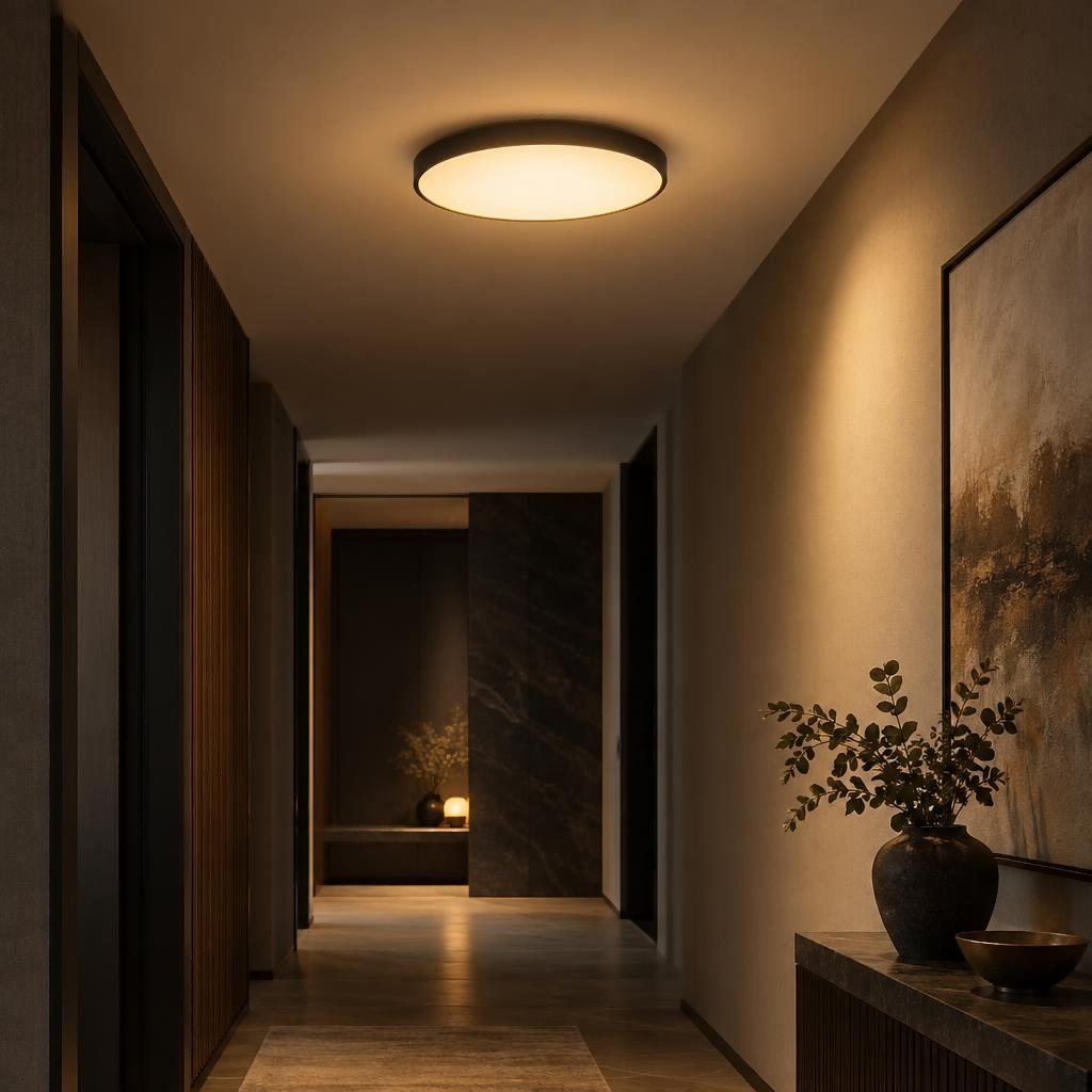 Slim round LED flush mount ceiling light in a modern hallway — AURELUX