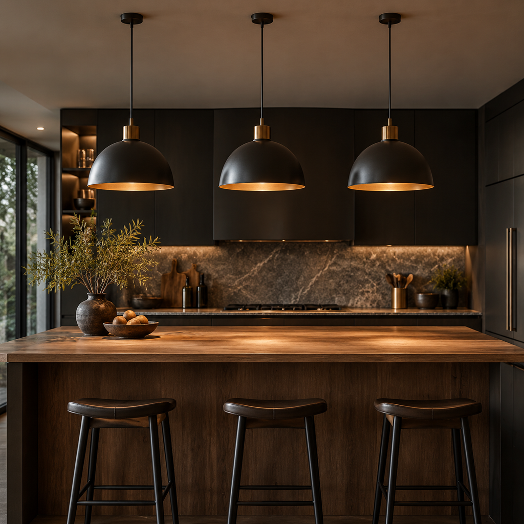 Three dark dome pendant lights over a wooden kitchen island — AURELUX kitchen island pendants