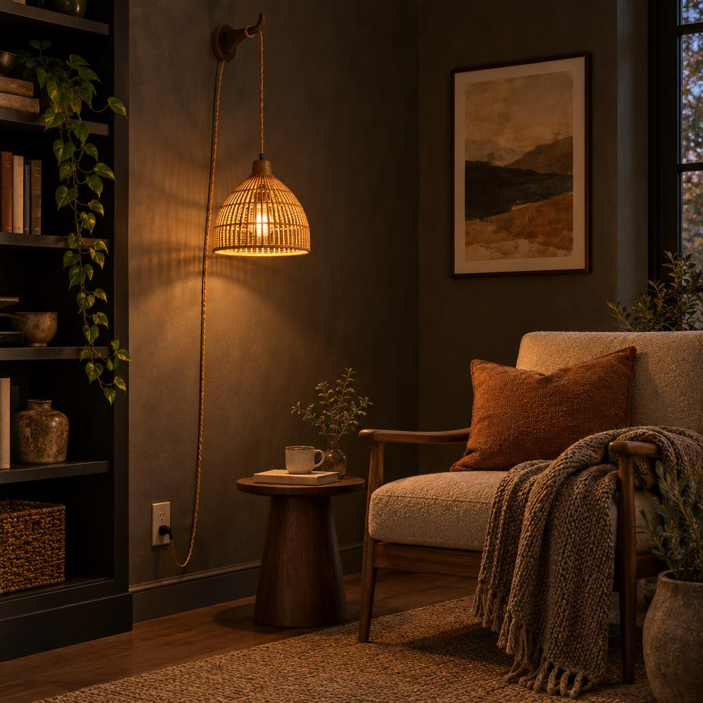 Plug-in swag pendant with woven shade and braided cord — AURELUX