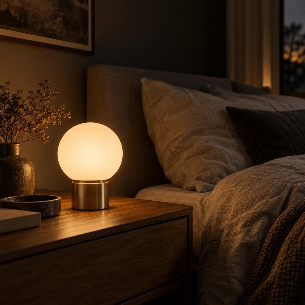 Opal globe table lamp with brass base glowing on a bedside table — AURELUX