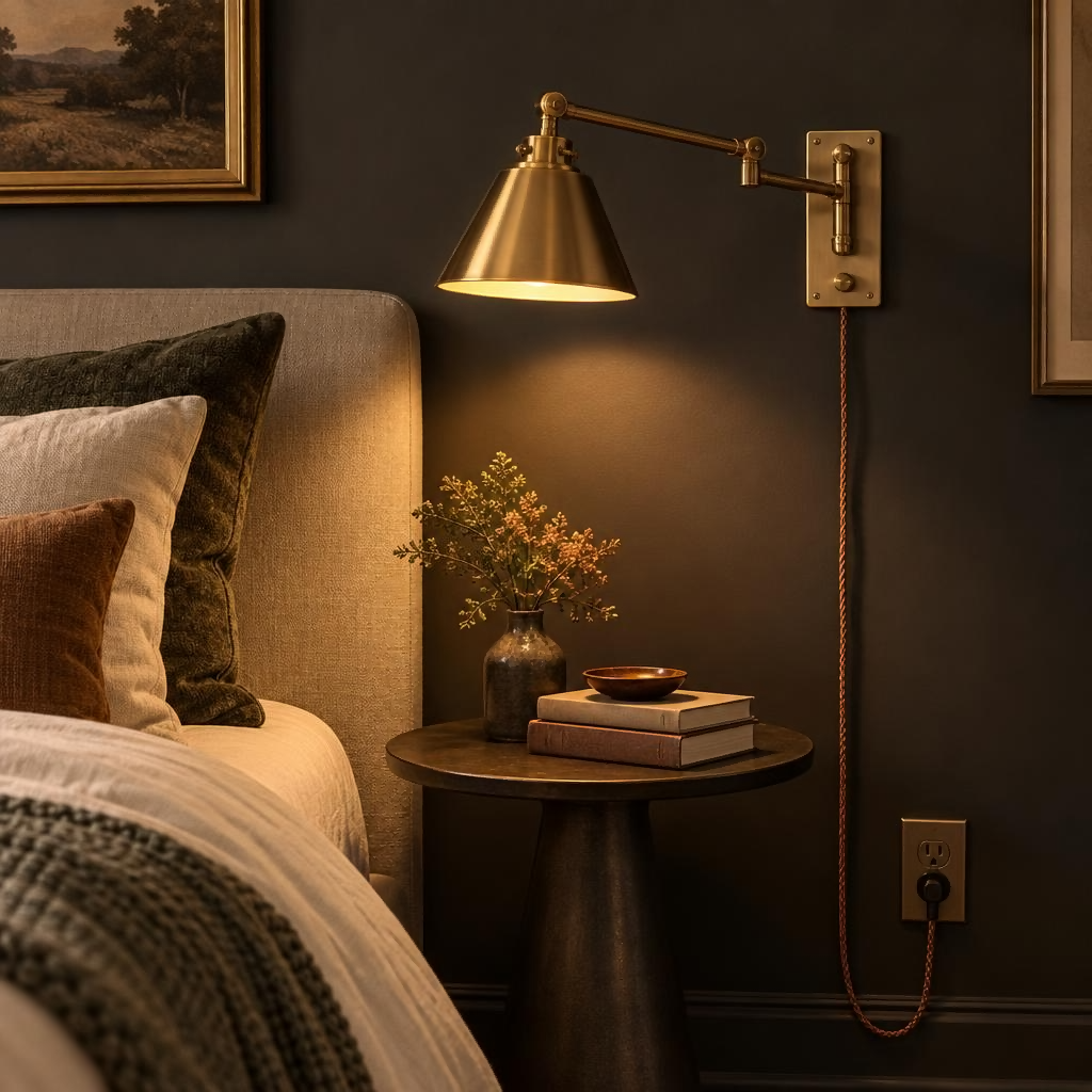 Brass swing arm plug-in wall sconce beside a bed with cord to outlet — AURELUX