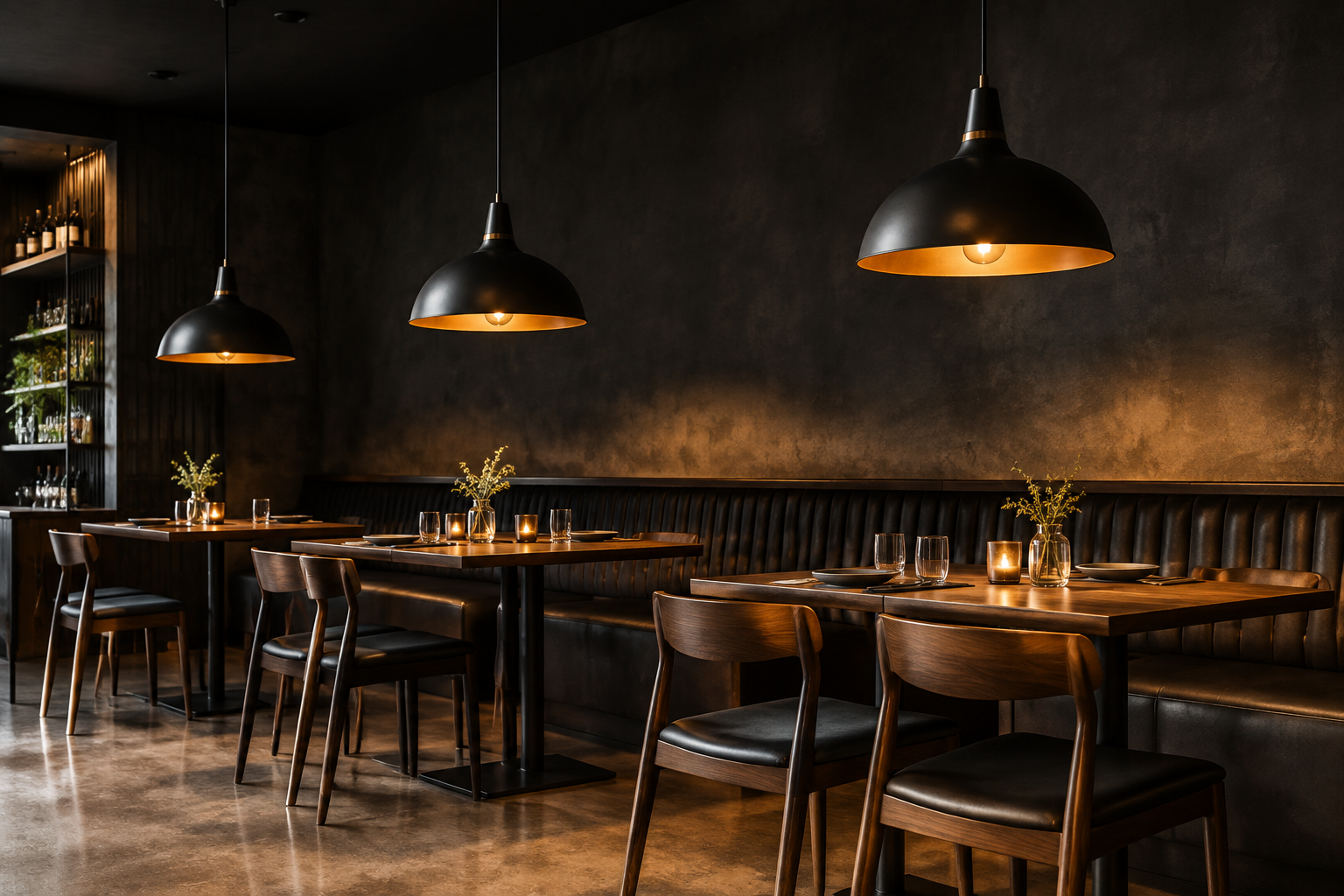 Restaurant tables in the evening lit by low-level portable table lamps