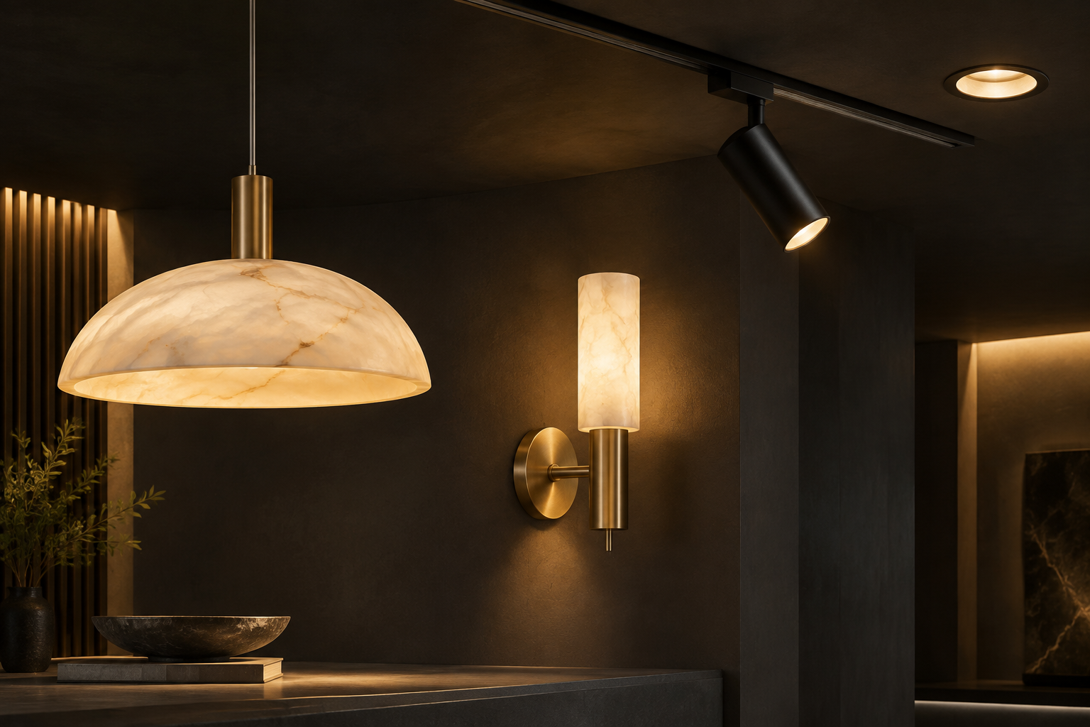 AURELUX fixture collection — alabaster pendant, brass sconce, track and recessed lighting