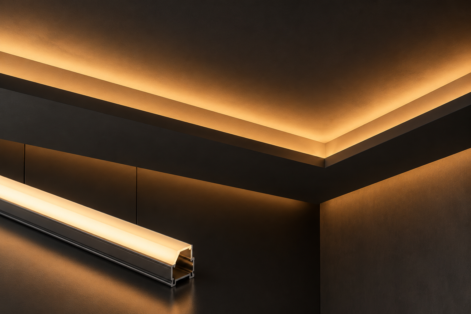 Warm light washing a dark ceiling from a concealed linear source — the indirect illumination principle